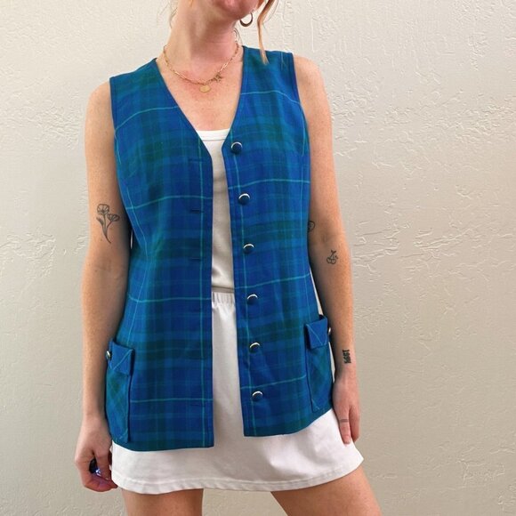 Vintage 1970's 100% Wool Blue Plaid Button Up Vest - Picture 2 of 7